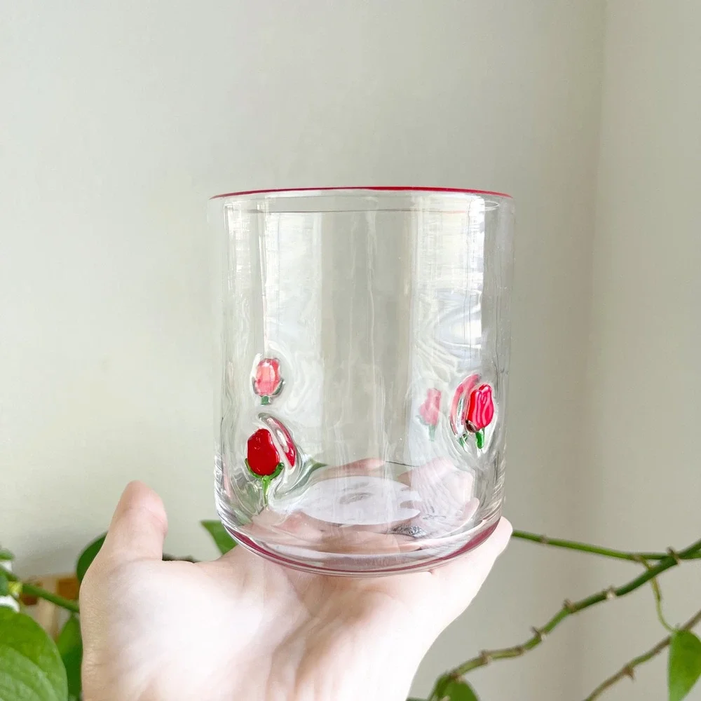 Vintage Style 3D Embossed Red Rose Glass Tumbler with Red Rim Floral Drinkware